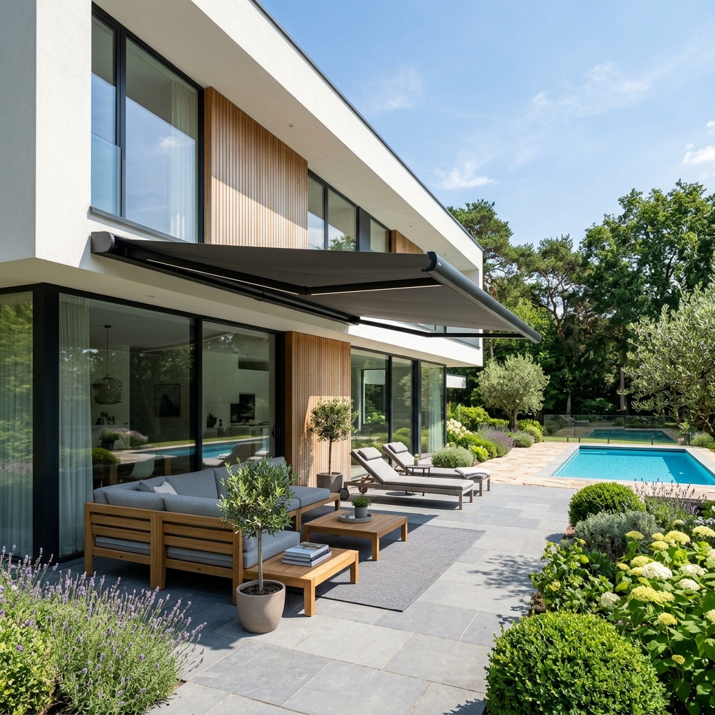 Retractable awning extended over outdoor seating